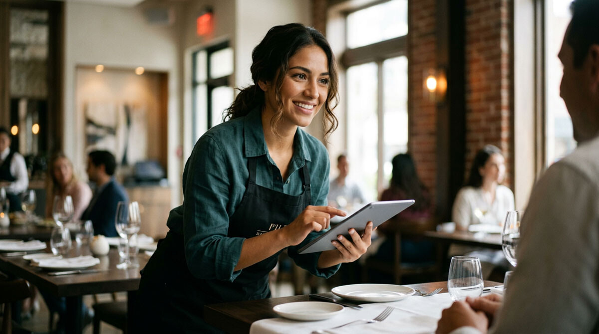 A waitress taking an order tableside with a tablet