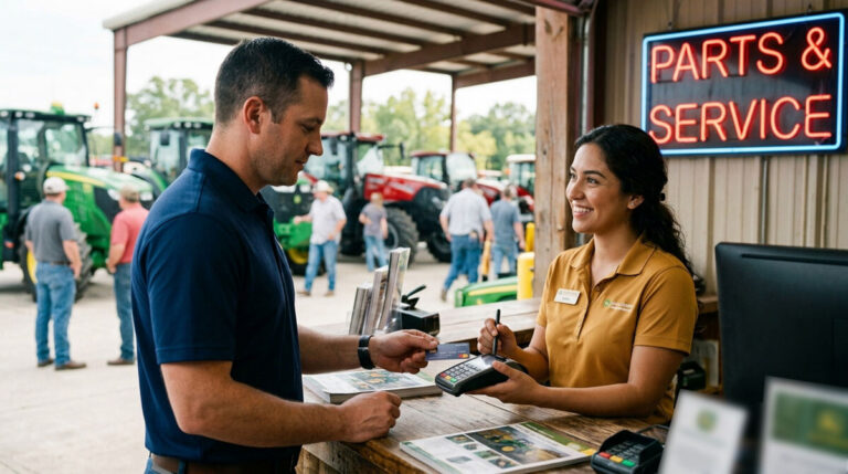 A man paying with a credit card at tractor dealer and a woman behind the counter smiling accepting the payment.