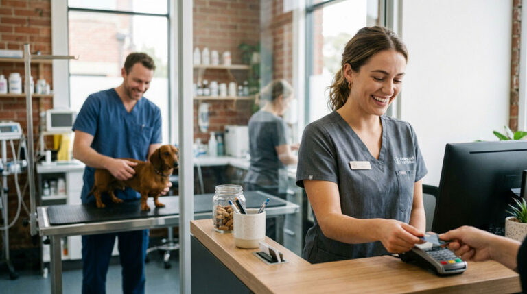 Vet technicians smiling and helping a dog on a table