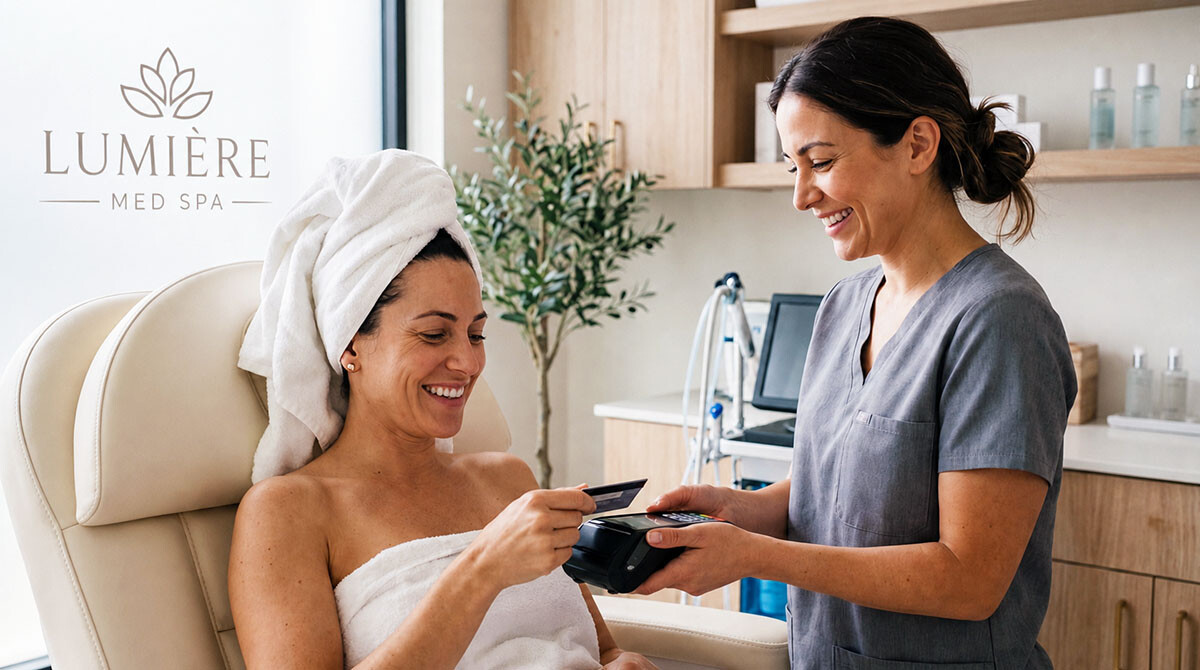 getting-spa-treatment-paying-hero A woman getting a medical spa treatment paying with a credit card and smiling