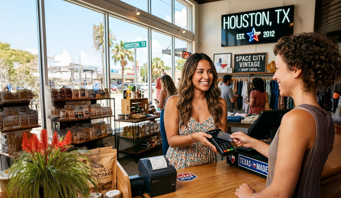 A latina accepting a credit card payment at her store in Houston