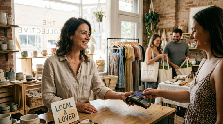 A local business owner accepting a credit card payment and smiling