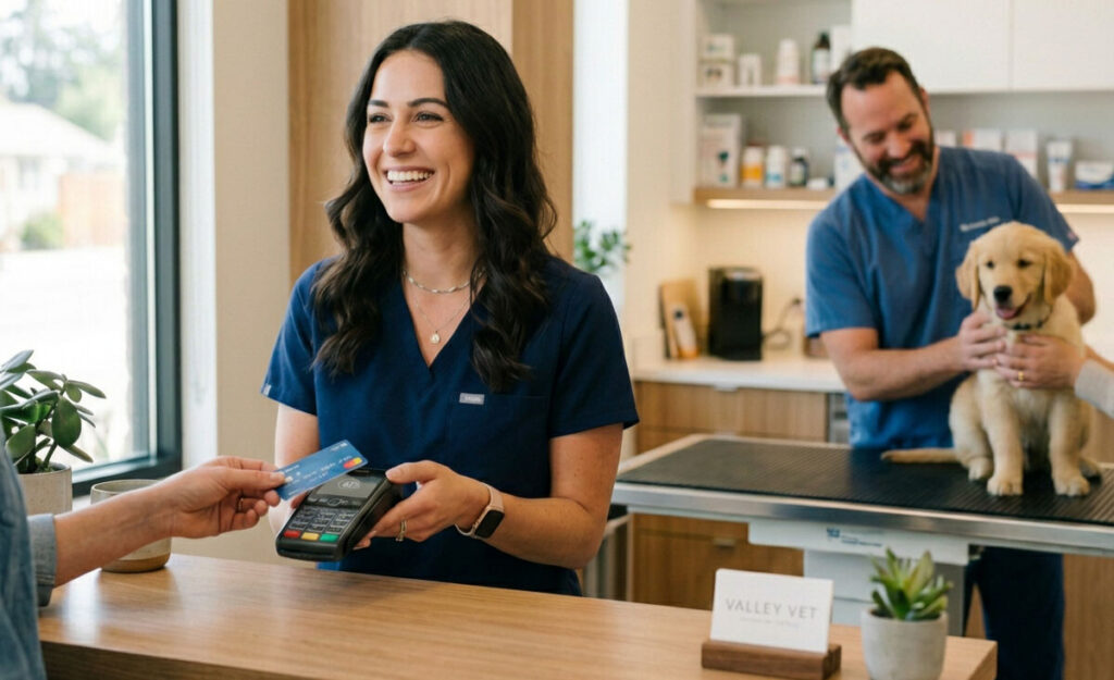 A woman smiling, accepting a credit card payment at a veterinary clinic