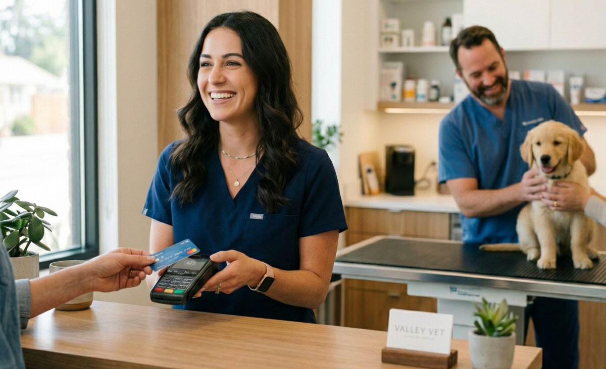 vet-clinic-counter-pay-surcharging-smiling-hero A woman smiling, accepting a credit card payment at a veterinary clinic
